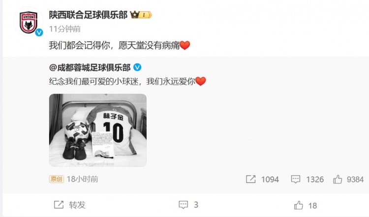 陜西聯(lián)合悼念去世小球迷：我們都會(huì)記得你，愿天堂沒(méi)有病痛
