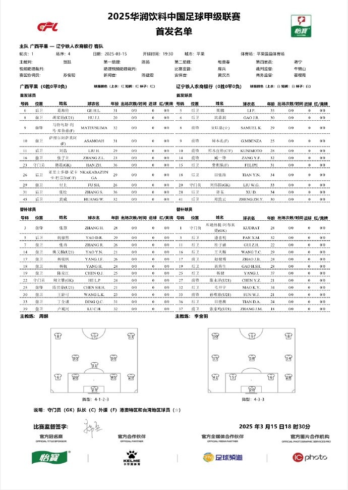 中甲-廣西平果vs遼寧鐵人首發(fā)：三外援對決三外援，安以恩出戰(zhàn)