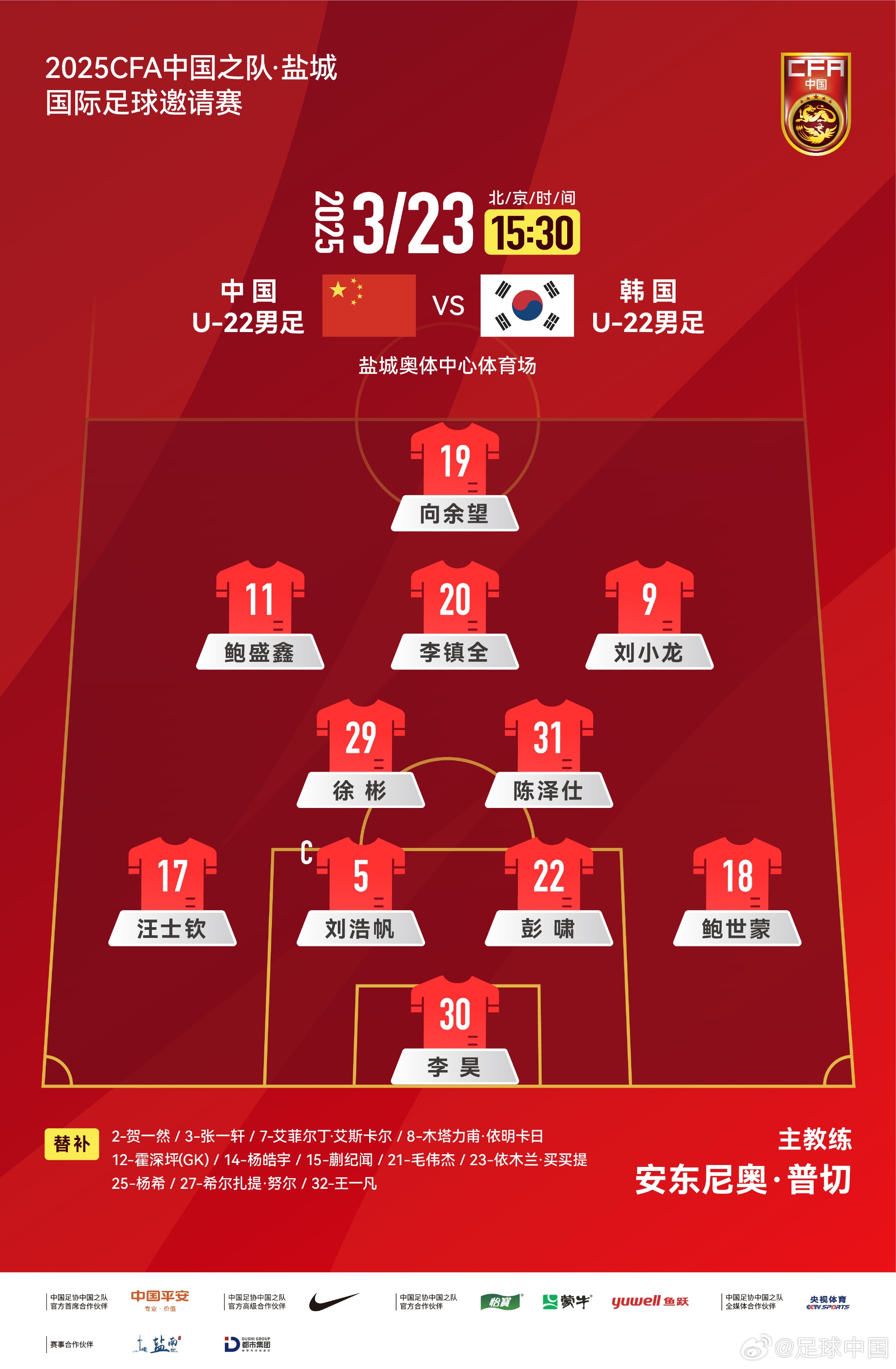 鹽城四國(guó)賽，中國(guó)U-22男足對(duì)陣韓國(guó)U-22男足，中國(guó)隊(duì)首發(fā)陣容