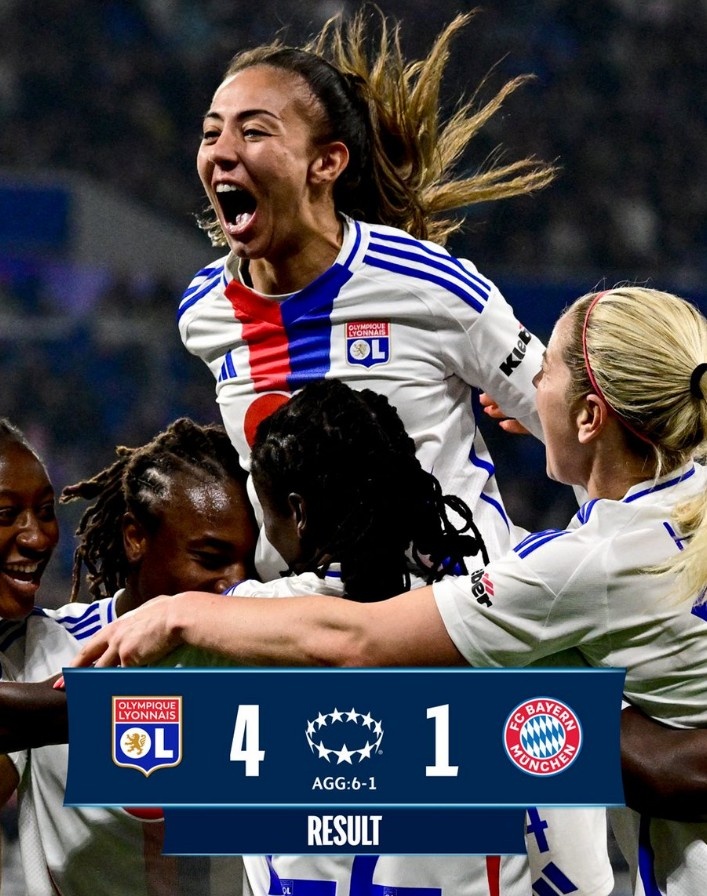里昂女足4-1大勝拜仁女足，總比分6-1晉級女足歐冠半決賽